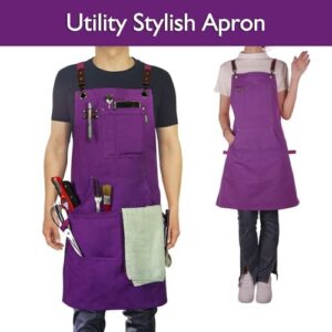 "Protect your clothes with the Stenffy Kitchen Apron's cotton canvas and adjustable cross-back design. Perfect for artists, painters, carpenters and more. Plus sizes available."
