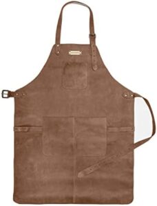 Brown genuine leather BBQ apron with premium quality handmade details, perfect for catering and cooking enthusiasts.