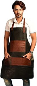 Stay stylish in the kitchen with Lindsey Street's leather apron, featuring multiple pockets for storage and a one-size-fits-all design. Perfect for baristas, bakers, BBQ chefs, and more!