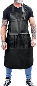 Elevate your workwear style with the Lindsey Street Black Leather Apron, featuring spacious pockets and a durable leather design. Perfect for baristas, bakers, and chefs alike!