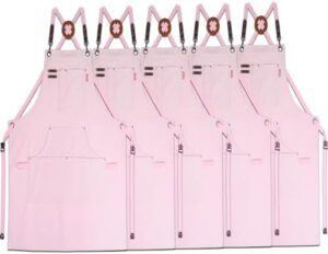 "Protect your clothes with Stenffy's 1-5 pack cotton canvas kitchen aprons. Adjustable cross-back design fits men and women, perfect for artists, painters, and carpenters. Order now and enjoy discounts!"