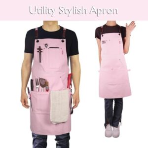 "Protect your clothes with Stenffy's 1-5 pack cotton canvas kitchen aprons. Adjustable cross-back design fits men and women, perfect for artists, painters, and carpenters. Order now and enjoy discounts!"