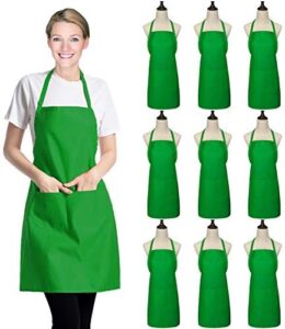 Here is the generated SEO meta description:

"Protect your style while cooking or grilling with this 9-pack of green bib aprons for women and girls. Durable, comfortable and practical with pockets for storage."