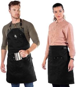 Here is the meta description:

"Protect your workwear with the Under NY Sky Barista Apron, featuring professional twill fabric and leather straps. Perfect for baristas and coffee lovers alike!"