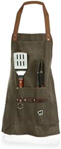 "Upgrade your grilling experience with LEGACY's distressed waxed canvas BBQ apron, featuring built-in tools and bottle opener. Perfect for khaki/brown enthusiasts, one size fits all."