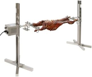 Cook up a storm with the Mikiyueer Large Rotisserie Spit, featuring stainless steel construction and 2.5RPM speed for tender results. Perfect for BBQ lovers, with 5 gears and height adjustment for effortless use. UK standard plug included.