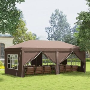 Elevate your outdoor events with the Outsunny 3x6m Pop Up Gazebo featuring adjustable height and storage bag. Perfect for weddings, camping, or parties, this brown tent has sides and windows for a seamless experience.