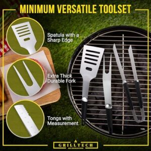 "Upgrade your outdoor cooking experience with the Grilltech Grill Set's heavy-duty BBQ accessories. This 3-piece set includes a spatula, fork, and BBQ tongs for men and women alike."
