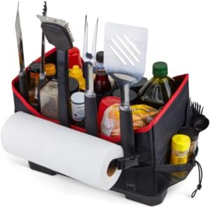 Elevate your grilling experience with the Blackstone Caddy Organizer, featuring dividers and mesh pockets for organized storage, perfect for outdoor enthusiasts and Father's Day gifts.