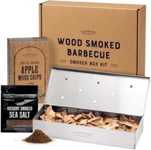 Discover the ultimate grilling experience with our Stainless Steel Smoker Box Kit, featuring hinged lid and included apple wood chips and hickory salt. Perfect birthday gift for BBQ enthusiasts.