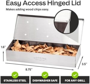 Discover the ultimate grilling experience with our Stainless Steel Smoker Box Kit, featuring hinged lid and included apple wood chips and hickory salt. Perfect birthday gift for BBQ enthusiasts.