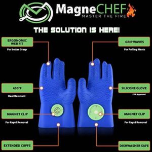 Get a secure grip while cooking with MagneChef's patented web finger fit BBQ glove, resistant to heat and water. Perfect for grilling, frying, baking, or smoking. Dishwasher safe!