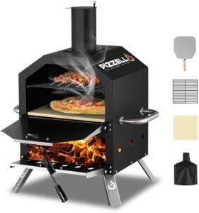 Here is the optimized meta description:

"Cook up a storm outdoors with the Pizzello Pizza Oven, featuring 2 layers and stone cooking surface. Includes pizza peel, cover, and removable rack for camping or backyard BBQ adventures."