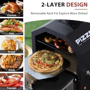Here is the optimized meta description:

"Cook up a storm outdoors with the Pizzello Pizza Oven, featuring 2 layers and stone cooking surface. Includes pizza peel, cover, and removable rack for camping or backyard BBQ adventures."