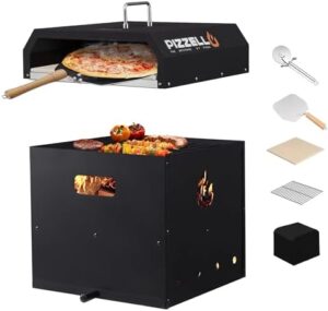 Cook up a gourmet meal outdoors with the Pizzello Outdoor Pizza Oven, a 4-in-1 wood fired oven featuring 2-layer detachable pizza maker, stone, peel, cover, cutter, BBQ grill grate, and more. Perfect for pizza parties and family gatherings.