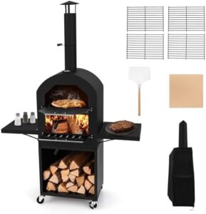 Transform outdoor gatherings with the TANGZON Wood-fired Pizza Oven, featuring waterproof cover and built-in thermometer. Perfect for camping or backyard BBQs, it includes side storage shelves.