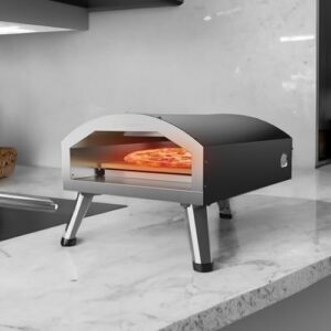Here is the optimized meta description:

"Indoor and outdoor pizza oven with 12-inch pizza stone, cooks authentic pizzas in 2 minutes. Perfect for homemade pizzas, garden gatherings, or indoor use."