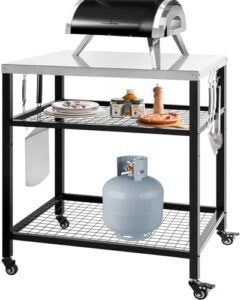 Here is the optimized SEO meta description:

"Elevate your outdoor cooking experience with this stainless steel pizza oven stand, featuring a sturdy cart and wheels for easy transport. Perfect for kitchen, patio or backyard use, dimensions 80x60x90cm."