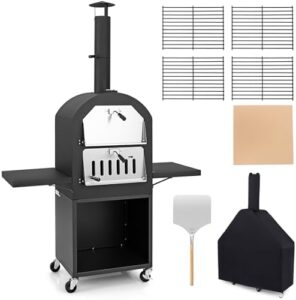 "Transform outdoor gatherings with the SPOTRAVEL Wood Fired Pizza Oven, featuring a removable ash tray, storage shelf & pizza stone. Perfect for garden patios, this multi-fuel BBQ cooker offers side storage shelves."