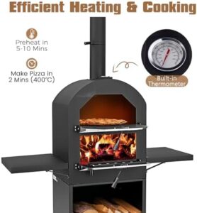 "Transform outdoor gatherings with the SPOTRAVEL Wood Fired Pizza Oven, featuring a removable ash tray, storage shelf & pizza stone. Perfect for garden patios, this multi-fuel BBQ cooker offers side storage shelves."