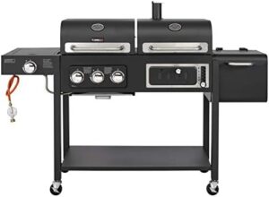 Enhance your outdoor cooking experience with CosmoGrill's Hybrid 4 Burner BBQ, combining gas and charcoal grilling. Perfect for home or garden parties, features include built-in thermometer, warming rack, and large coal capacity.