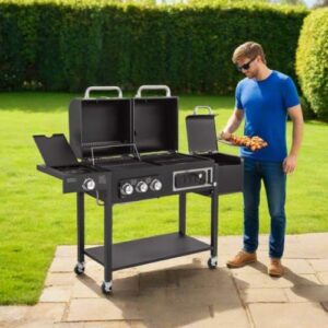Enhance your outdoor cooking experience with CosmoGrill's Hybrid 4 Burner BBQ, combining gas and charcoal grilling. Perfect for home or garden parties, features include built-in thermometer, warming rack, and large coal capacity.
