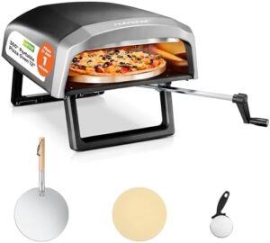 Here is the optimized SEO meta description:

"Portable pizza perfection with NutriChef's gas oven. Quickly cook pizzas to perfection with its 360° rotating stone, stainless steel grill, and long handle for easy transport."