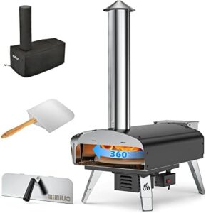 Delight your outdoor gatherings with the Mimiuo Portable Wood Pellet Grill, featuring an automatic rotating system and 33cm pizza stone. Perfect for garden parties!