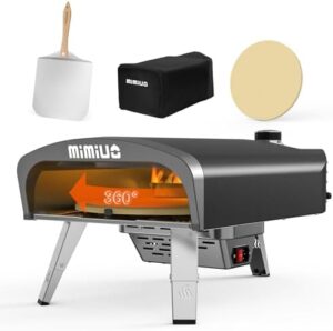 Portable gas fired pizza oven with automatic rotation system and UK regulator. Includes 13" pizza stone, foldable peel, and cover for a convenient outdoor cooking experience.