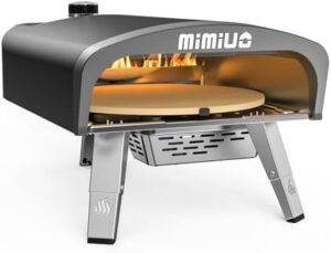 Portable gas fired pizza oven with automatic rotation system and UK regulator. Includes 13" pizza stone, foldable peel, and cover for a convenient outdoor cooking experience.
