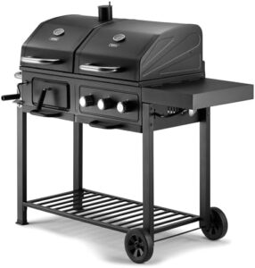 Discover the ultimate 2-in-1 BBQ experience with VonHaus' Hybrid Dual Fuel BBQ, featuring charcoal and gas options, a warming rack, fold-down shelf, temperature gauges, and large cooking grills. Perfect for grilled meat, fish & veggies!