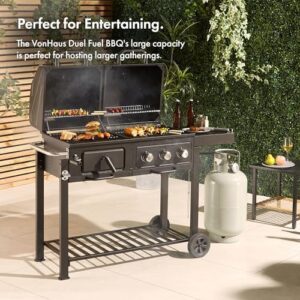 Discover the ultimate 2-in-1 BBQ experience with VonHaus' Hybrid Dual Fuel BBQ, featuring charcoal and gas options, a warming rack, fold-down shelf, temperature gauges, and large cooking grills. Perfect for grilled meat, fish & veggies!