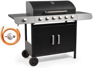 Discover the VonHaus Gas BBQ, featuring 6+1 burners, warming rack, side burner, and temperature gauge. Perfect for outdoor grilling, with storage shelf & wheels. Grill meat, fish, or veggies in your garden space!