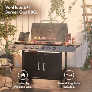 Discover the VonHaus Gas BBQ, featuring 6+1 burners, warming rack, side burner, and temperature gauge. Perfect for outdoor grilling, with storage shelf & wheels. Grill meat, fish, or veggies in your garden space!