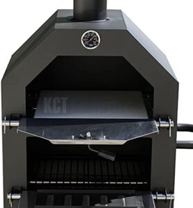 Here is the generated meta description:

"Cook authentic wood-fired pizzas outdoors with KCT's pizza oven featuring temperature gauge, storage shelf and durable wood construction. Perfect for camping trips or backyard gatherings."
