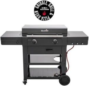 Master the art of outdoor cooking with Char-Broil's 2-Zone Griddle Gas Grill, featuring a 3-in-1 tile system for versatile grilling, griddling, and pizza baking. Perfect for gardens, balconies, or patios, this grill offers a unique blend of convenience and flavor.