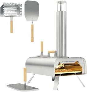 Here is the optimized SEO meta description:

"Portable wood pellet pizza oven with foldable legs and chimney, perfect for outdoor cooking. Make 12-inch pizzas with ease using the included stone and peel."