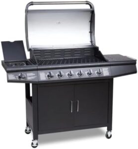 Discover the CosmoGrill Pro Deluxe 7 Gas Burner BBQ grill with steel warming rack, side-burner, temperature gauge, and weatherproof cover. Perfect for outdoor cooking enthusiasts.