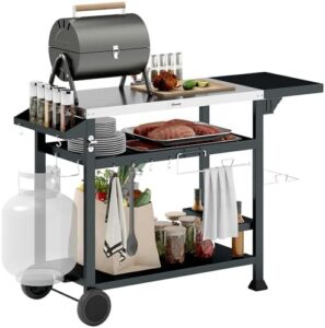 Discover the Outsunny Outdoor Grill Dining Cart with foldable side table and stainless steel top. Perfect for kitchen, patio or garden use, this 3-shelf cart features 6 hooks and 2 wheels for easy portability.