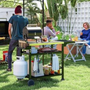 Discover the Outsunny Outdoor Grill Dining Cart with foldable side table and stainless steel top. Perfect for kitchen, patio or garden use, this 3-shelf cart features 6 hooks and 2 wheels for easy portability.