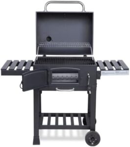 Unlock backyard cooking with CosmoGrill's XL smoker, featuring 2 folding tables, thermometer, and adjustable coal pan. Perfect for home garden cooking.
