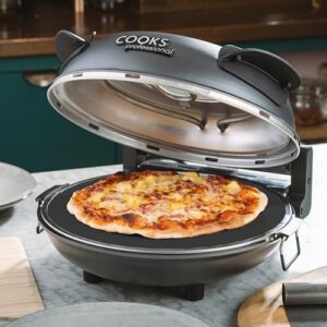 Discover the Cooks Professional Electric Pizza Oven, perfect for countertop use. Features 31cm stone base, glass window, timer, and stainless steel paddles & baking sheet. Energy-efficient and portable, ideal for indoor cooking.