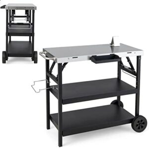 Discover the ultimate outdoor cooking companion: Tangzon's Movable Dining Table Cart with 3 tiers, stainless steel flattop, and convenient features like a spice rack and phone holder. Perfect for BBQs and picnics!
