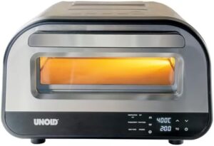 Here is the optimized SEO meta description:

"Master your pizza-making skills with Unold Luigi's electric indoor oven, featuring a 32cm stone for up to 12" pizzas. Achieve perfect temperatures (450°C) and control cooking time with touch controls and LCD display."