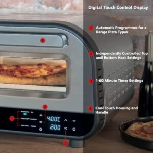Here is the optimized SEO meta description:

"Master your pizza-making skills with Unold Luigi's electric indoor oven, featuring a 32cm stone for up to 12" pizzas. Achieve perfect temperatures (450°C) and control cooking time with touch controls and LCD display."