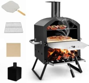 Here is the meta description:

"Pizza party anywhere! SPOTRAVEL's 2-Layer Wood Fired Outdoor Pizza Oven with waterproof cover and included pizza stone, peel & grill makes backyard and camping cooking a breeze. Perfect for outdoor enthusiasts!"