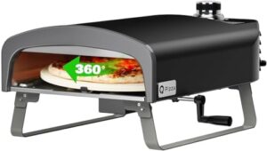 Here is the generated SEO meta description:

"Bake perfect pizzas outdoors with Q Pizza's portable gas oven featuring a manual rotating system and 13" stone, ideal for camping trips or backyard gatherings. Perfect for gas regulators in the UK."