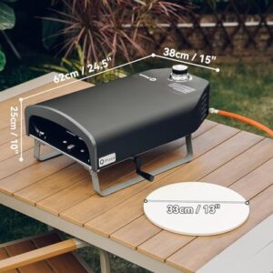 Here is the generated SEO meta description:

"Bake perfect pizzas outdoors with Q Pizza's portable gas oven featuring a manual rotating system and 13" stone, ideal for camping trips or backyard gatherings. Perfect for gas regulators in the UK."