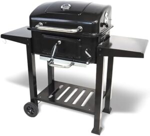Grill with 2 side tables, built-in thermometer and adjustable charcoal pan. Perfect for outdoor cooking at home or parties, compact and portable with wheels. Great value for money, usually £150, now discounted!