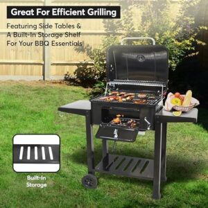 Grill with 2 side tables, built-in thermometer and adjustable charcoal pan. Perfect for outdoor cooking at home or parties, compact and portable with wheels. Great value for money, usually £150, now discounted!